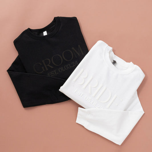 Embossed Personalized BRIDE + GROOM Sweatshirts Bundle