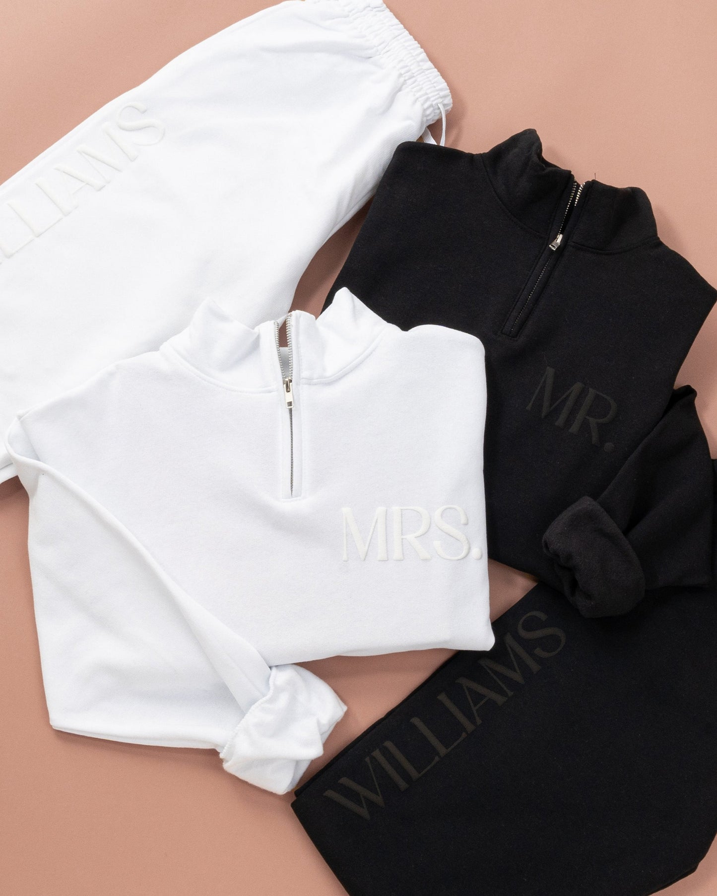 Embossed MR & MRS Quarter Zip/Joggers Sets - Monochrome