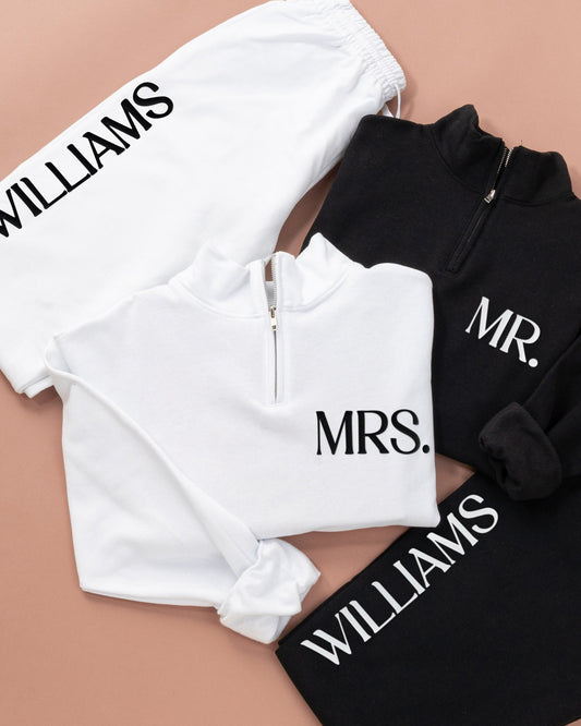 Embossed MR & MRS Quarter Zip/Joggers Sets - Contrast