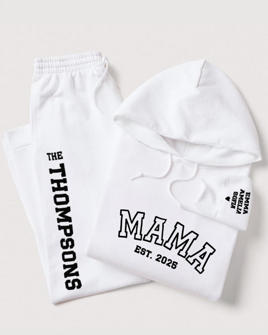 White 'MAMA' hoodie with matching joggers. Additional personalization - EST. YEAR on the chest, kids' name on the sleeve and last name on joggers