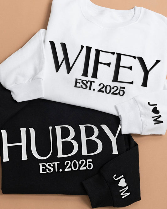 Embossed WIFEY & HUBBY Sweatshirt/Joggers Sets - Contrast