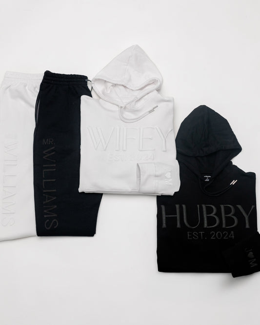 Embossed WIFEY & HUBBY Hoodie/Joggers Sets - Monochrome