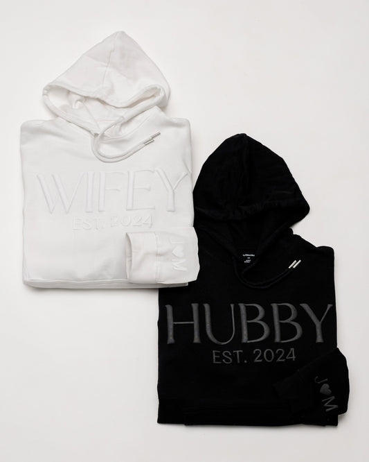 Embossed WIFEY & HUBBY Hoodie/Joggers Sets - Monochrome