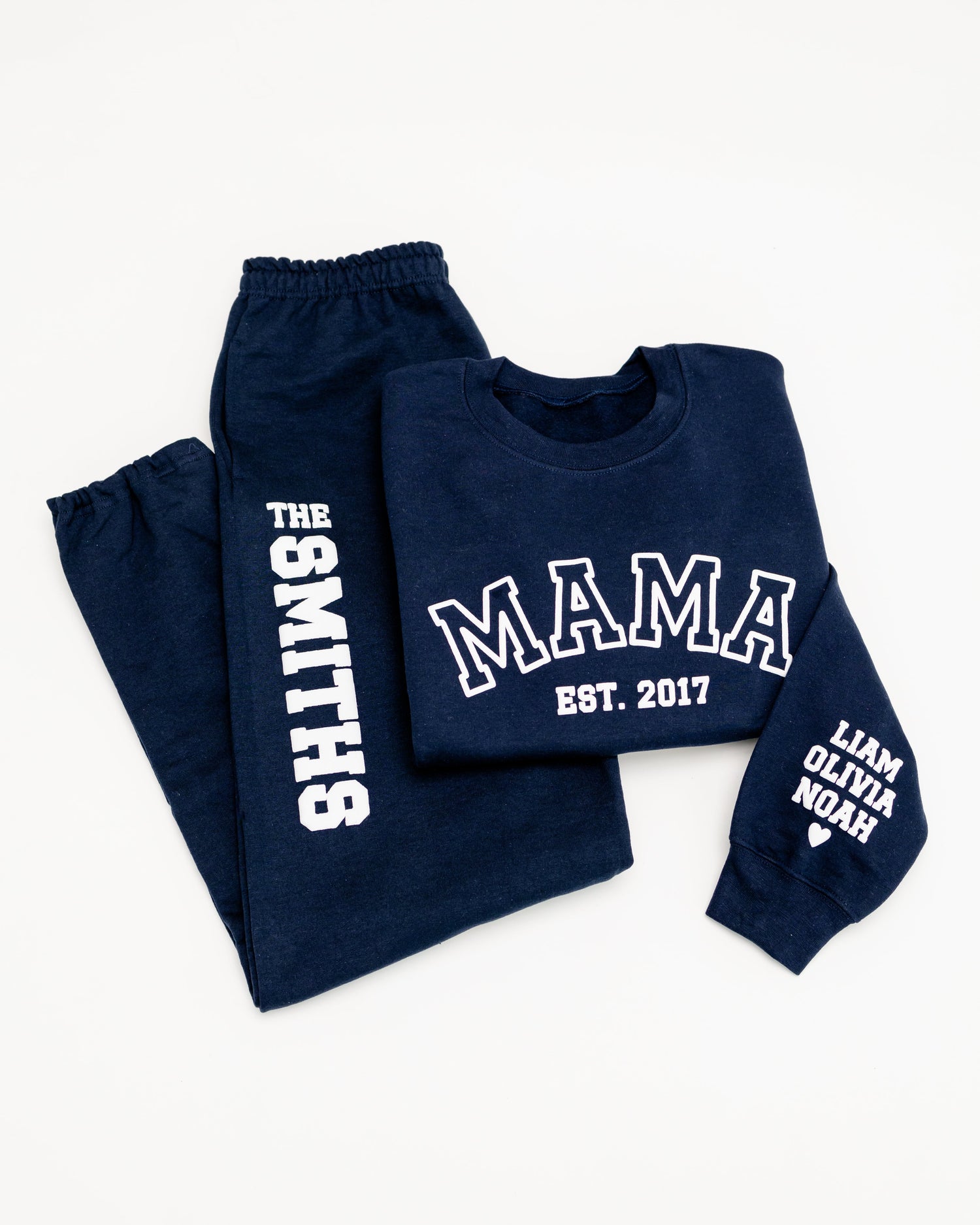 Navy blue 'MAMA' sweatshirt with matching joggers. Additional personalization - EST. YEAR on the chest, kids' name on the sleeve and last name on joggers