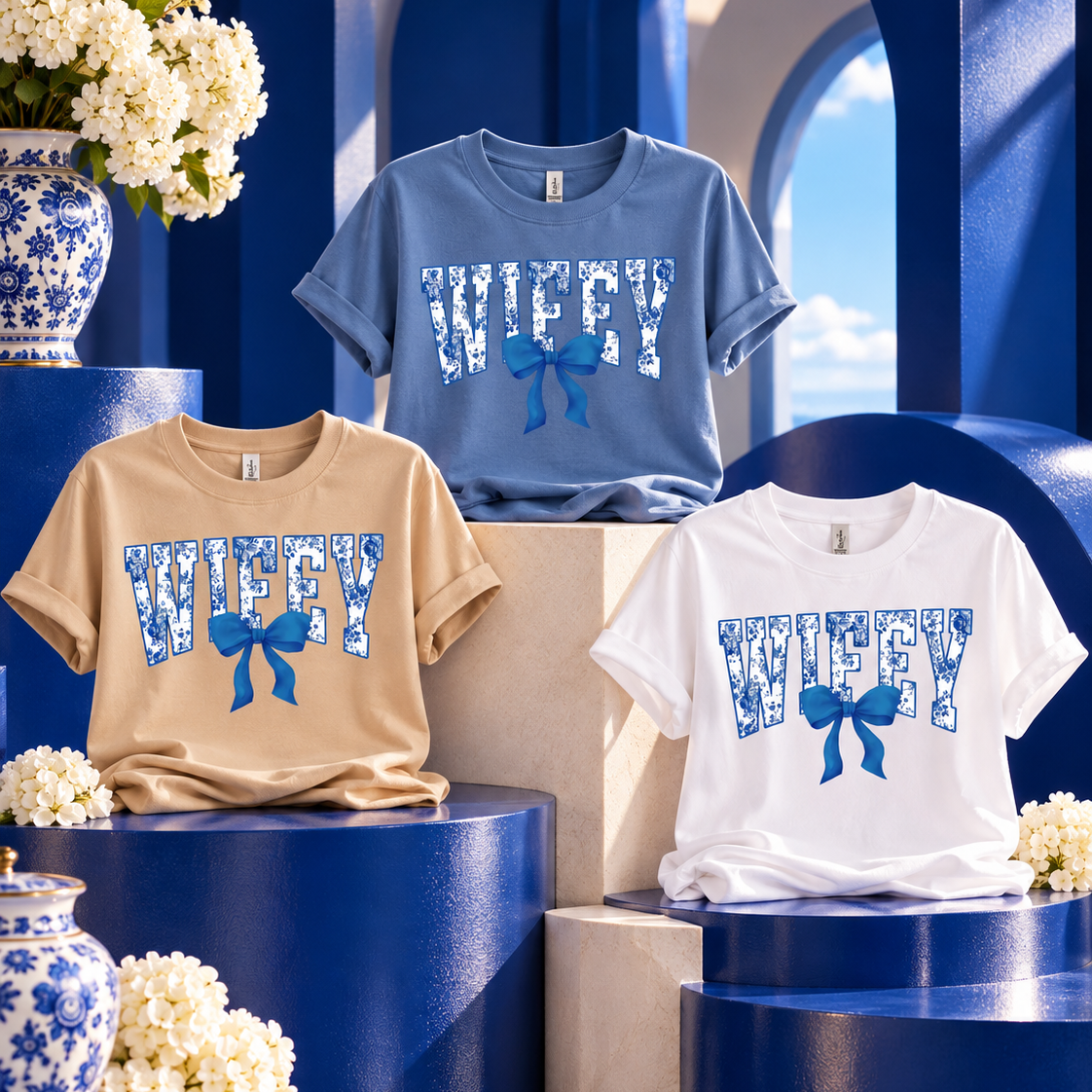 Blue Floral Wifey Tee or Sweatshirt with Bow