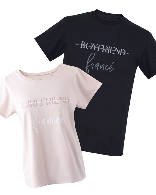 Matching T-shirts for bride and groom. Pink Girlfriend To Fiancee T-shirt and black Boyfriend To Fiance T-shirt.