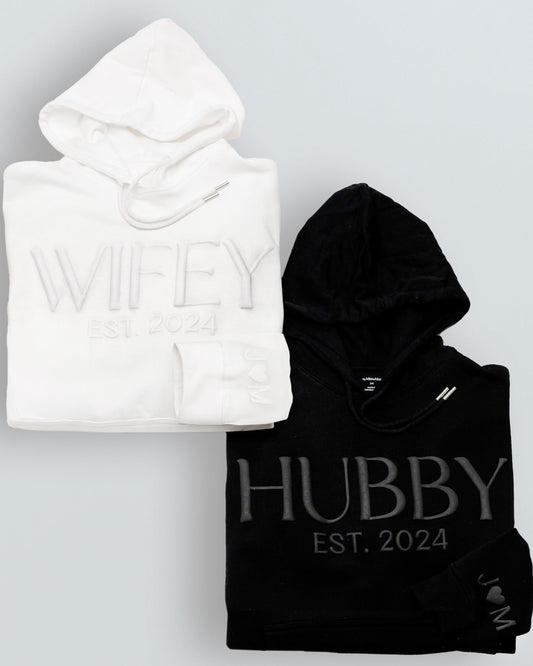 Embossed WIFEY & HUBBY Hoodies Bundle - Monochrome