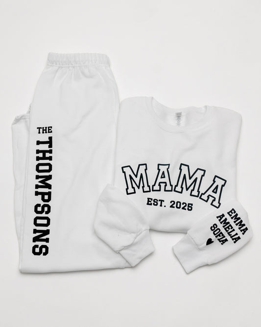 White 'MAMA' sweatshirt with matching joggers. Additional personalization - EST. YEAR on the chest, kids' name on the sleeve and last name on joggers