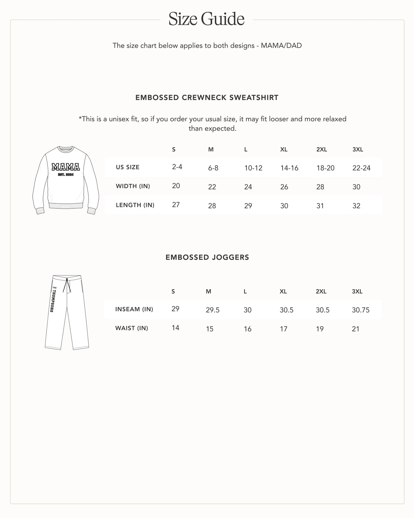 Embossed MAMA & DAD Sweatshirt/Joggers Sets