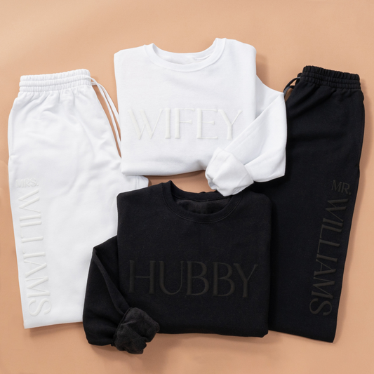 Embossed Personalized WIFEY / HUBBY Sweatshirt & Joggers Set