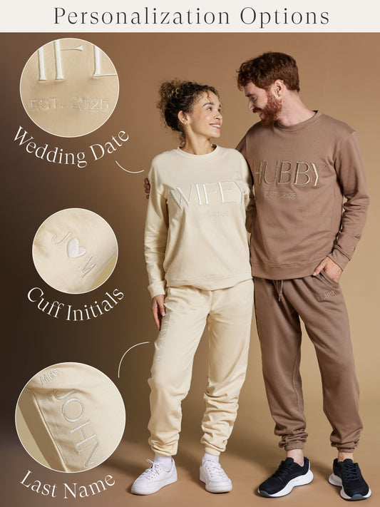 Embroidered WIFEY & HUBBY Sweatshirt/Joggers Sets