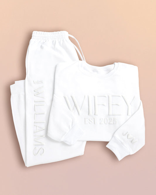 Embossed WIFEY & HUBBY Sweatshirt/Joggers Sets - Monochrome
