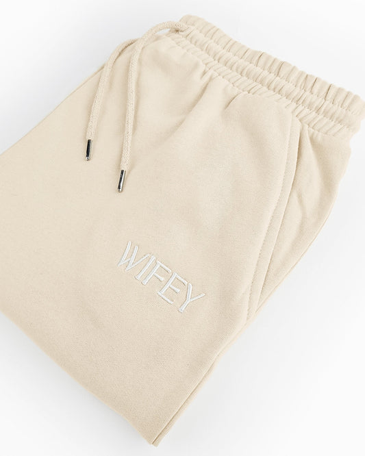 Embroidered WIFEY Joggers - Ivory Cream