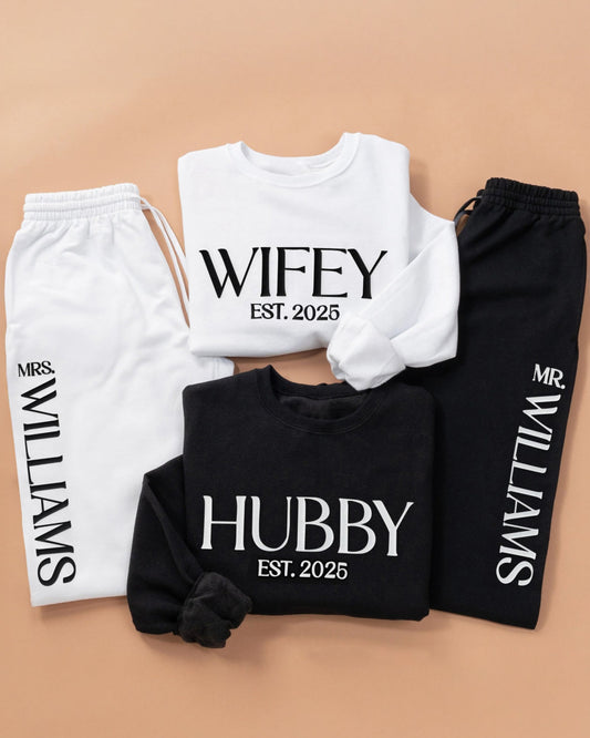 Matching 'Wifey' and 'Hubby' outfits with personalized names