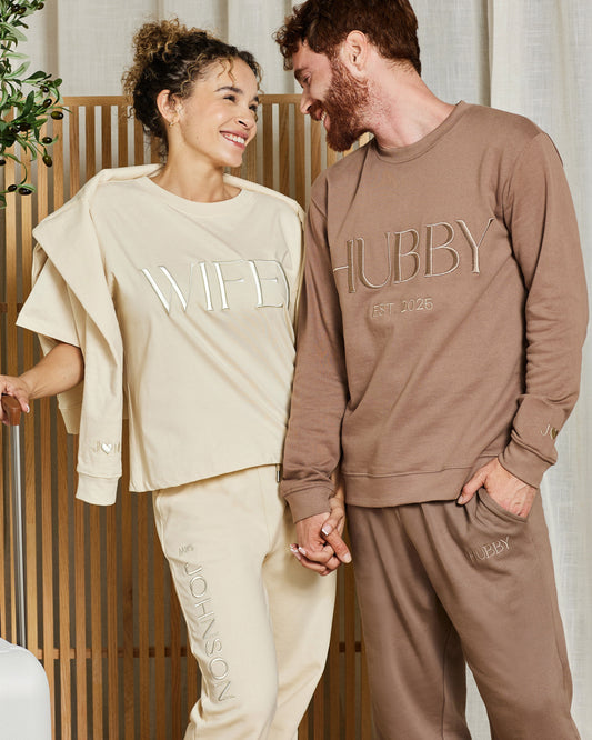 Embroidered WIFEY & HUBBY Sweatshirt & Joggers Set plus WIFEY Tee