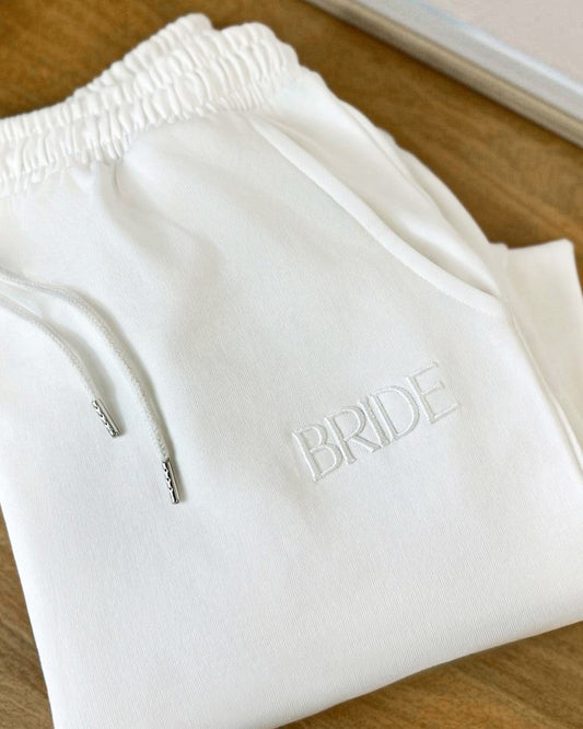 Embroidered BRIDE Joggers - White