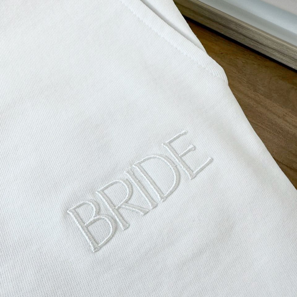 Embroidered BRIDE Joggers - White