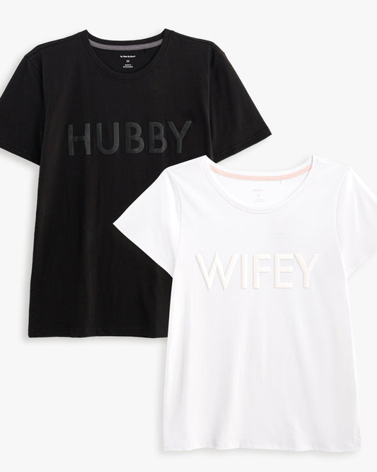 Hubby and Wifey Puff Print T-shirt Set. Crewneck t-shirts made of high-quality 100% cotton, black Hubby t-shirt and white Wifey t-shirt.