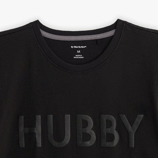 Hubby and Wifey Puff Print T-shirt Set. Crewneck t-shirts made of high-quality 100% cotton, black Hubby t-shirt and white Wifey t-shirt.