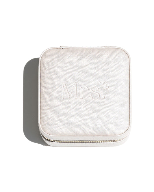 White jewelry box with 'Mrs.' engraving. Vegan leather jewelry box