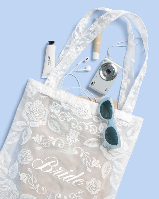 Bride Lace Tote Bag | Embroidered Floral Organza Tote for Bachelorette & Wedding