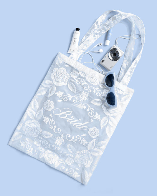 Bride Lace Tote Bag | Embroidered Floral Organza Tote for Bachelorette & Wedding