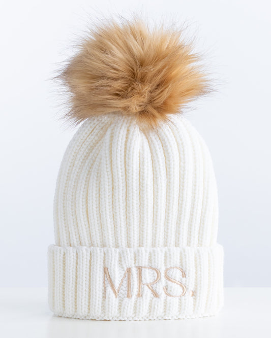 MRS White Beanie With Detachable Pom-Pom