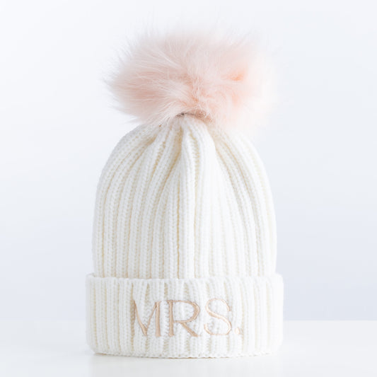 MRS White Beanie With Detachable Pom-Pom