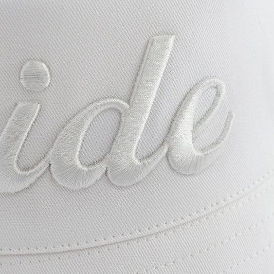 White-on-white embroidered Bride Bucket Hat, made of 100% cotton twill.