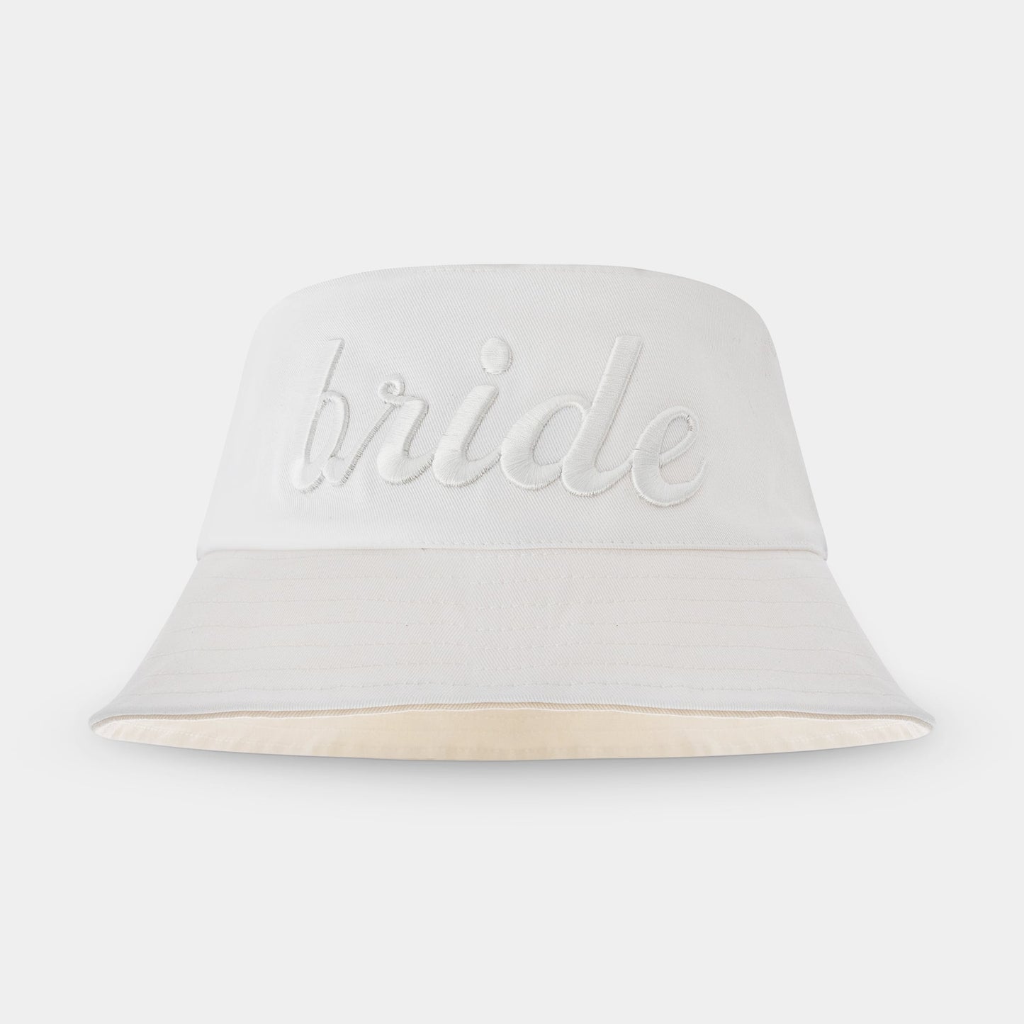 White-on-white embroidered Bride Bucket Hat, made of 100% cotton twill.