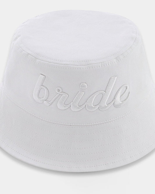 White-on-white embroidered Bride Bucket Hat, made of 100% cotton twill.