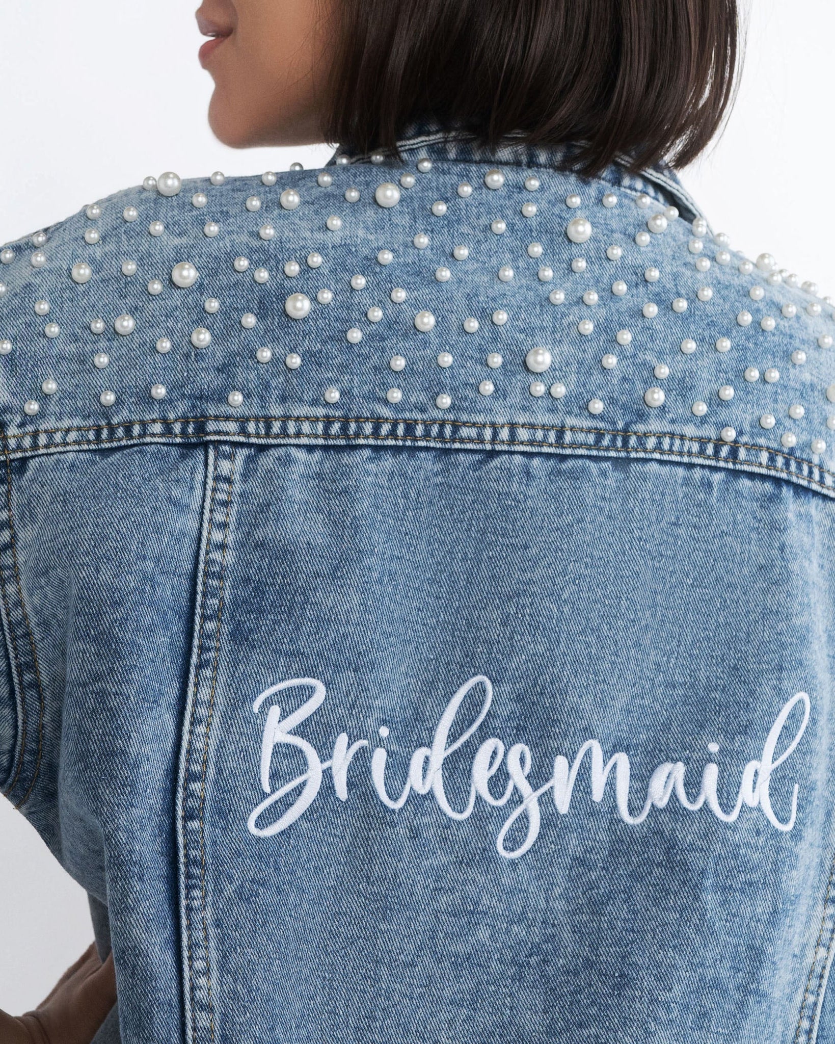 Bridesmaid Embroidered Pearl-Studded Denim Jacket Miss To Mrs Shop Bridesmaid Embroidered Pearl-Studded Denim Jacket Miss To Mrs Shop