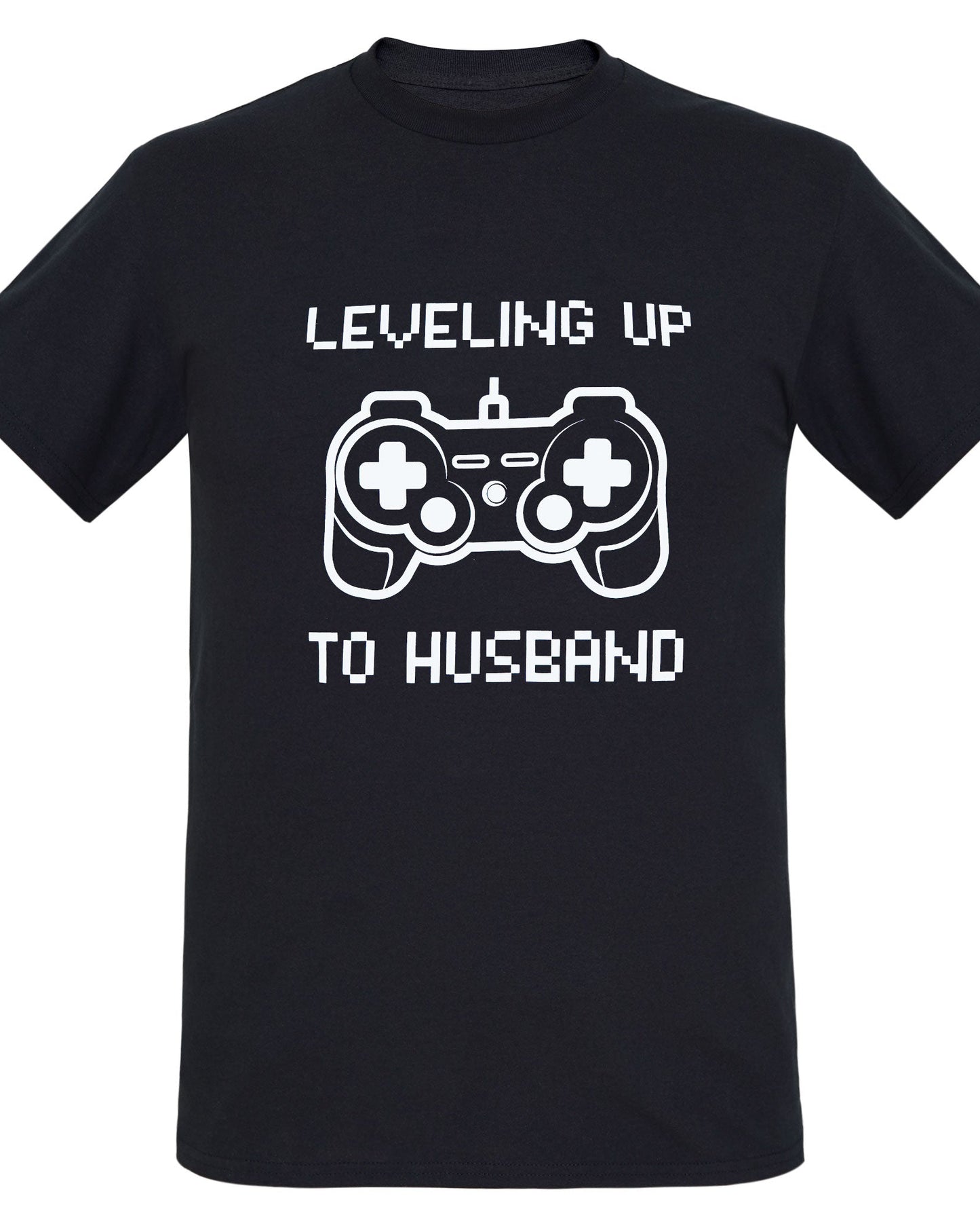 Black Groom T-shirt with a fun print. Leveling Up To Husband and a game controller are printed in white on the front of the t-shirt.
