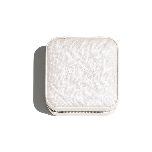 Vegan Leather Jewelry Box. 'Mrs' text with cute heart icons is pressed at the top of the box. Features double compartments.