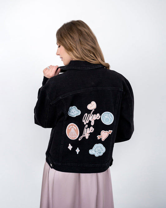 Wife Life Retro Patches Black Denim Jacket