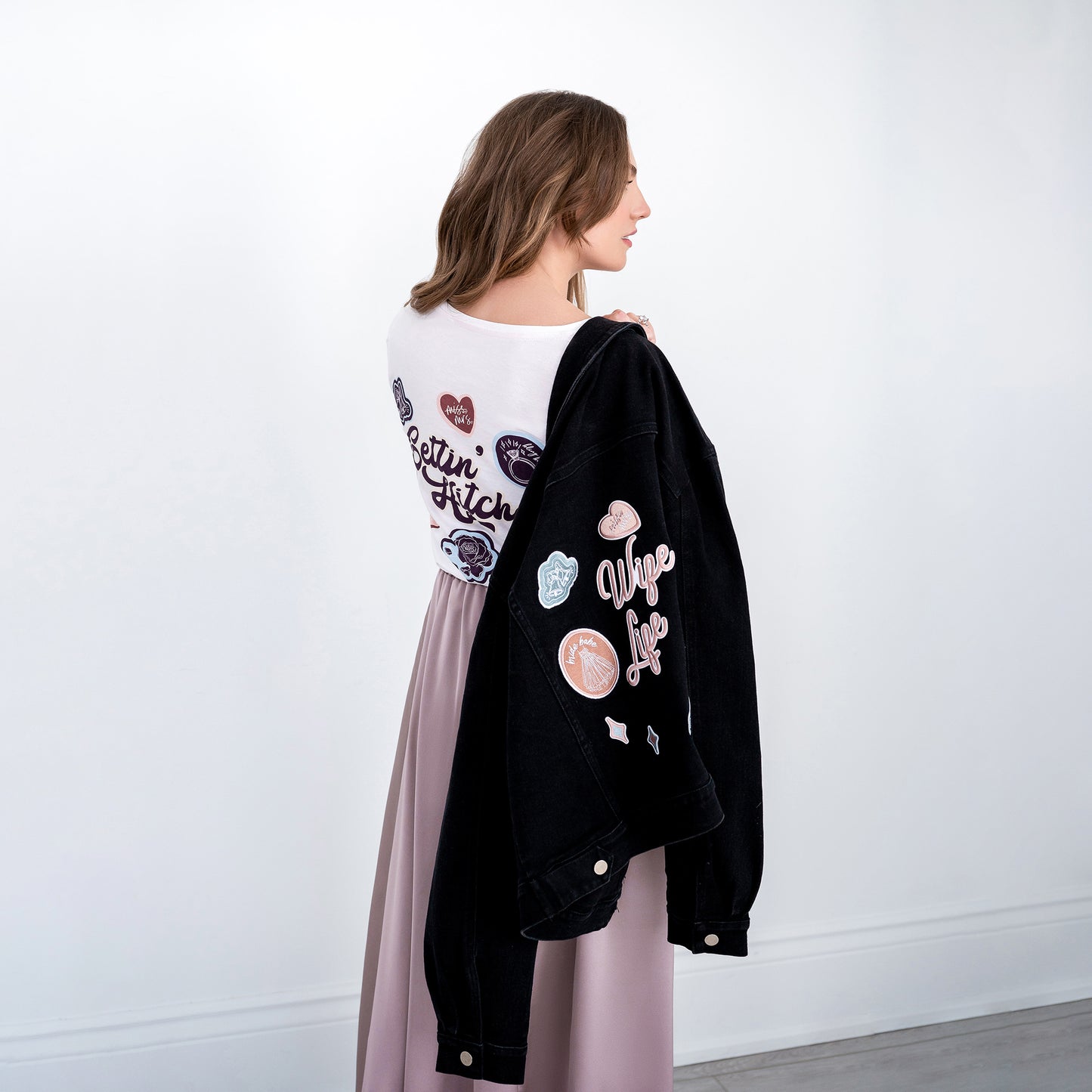 Wife Life Retro Patches Black Denim Jacket