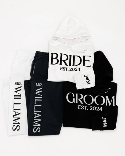 Personalized hoodies and joggers for Bride and Groom featuring 3D puff print. Personalized Bride and Groom Sets