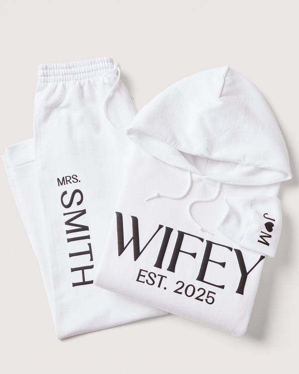 White joggers and hoodie set with 'Wifey' print. Personalized Wifey hoodie and joggers set with 3D puff print