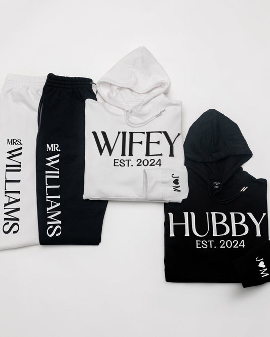 Embossed WIFEY & HUBBY Hoodie/Joggers Sets