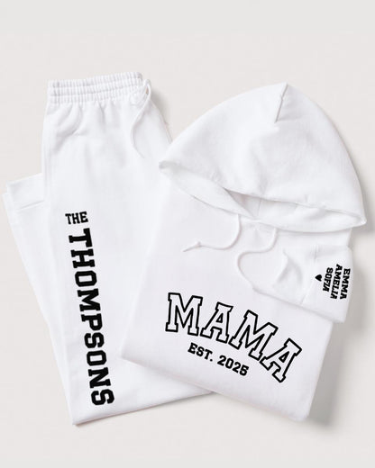 White 'MAMA' hoodie with matching joggers. Additional personalization - EST. YEAR on the chest, kids' name on the sleeve and last name on joggers