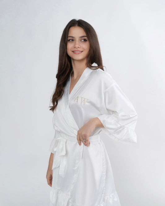 Personalized Luxury Silk Satin Ruffle Robe - White