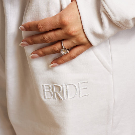 Embroidered BRIDE Joggers - White