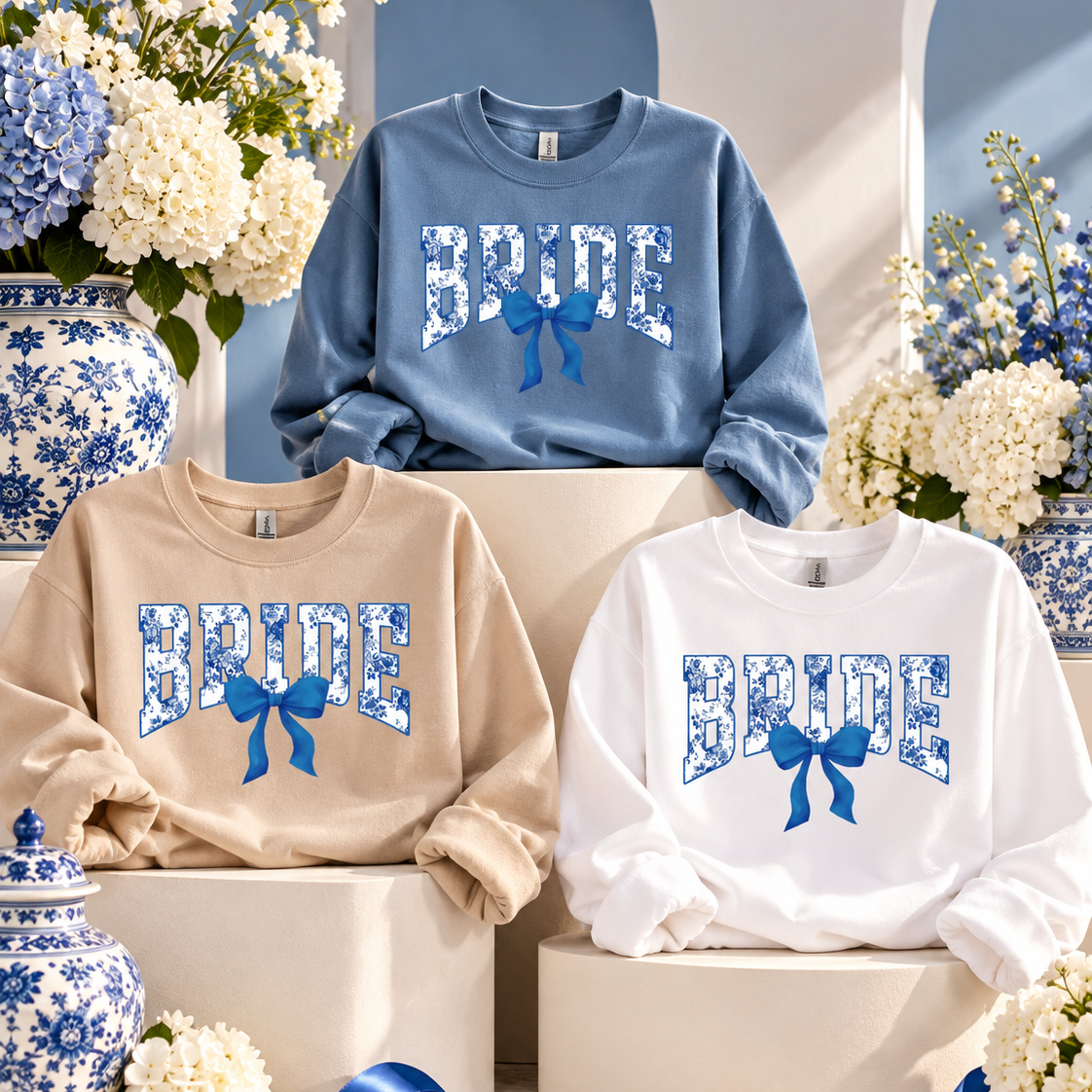 Blue Floral BRIDE Tee or Sweatshirt with Bow