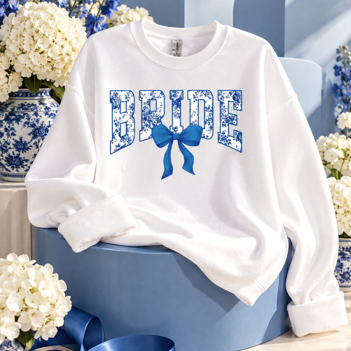 Blue Floral BRIDE Tee or Sweatshirt with Bow