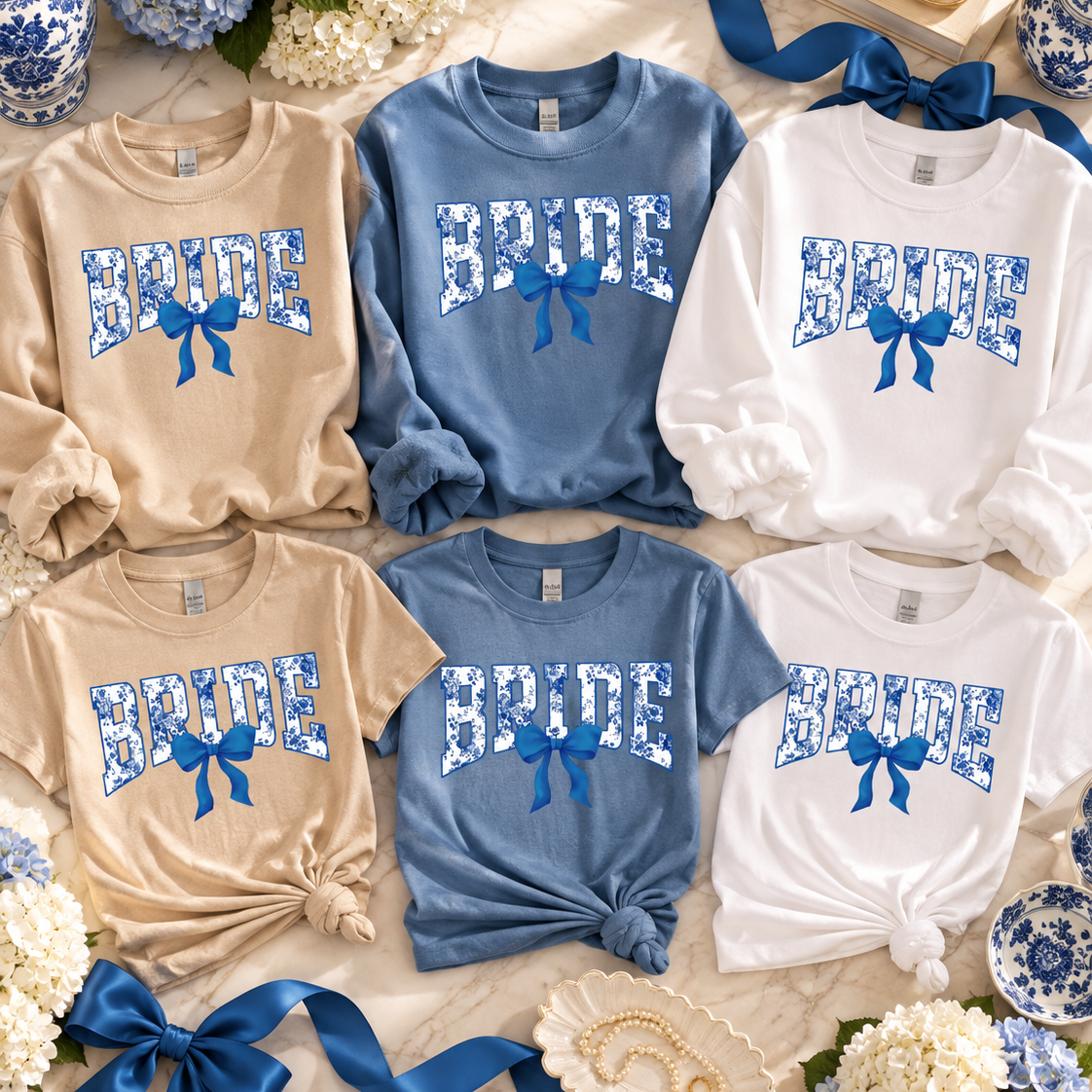 Blue Floral BRIDE Tee or Sweatshirt with Bow