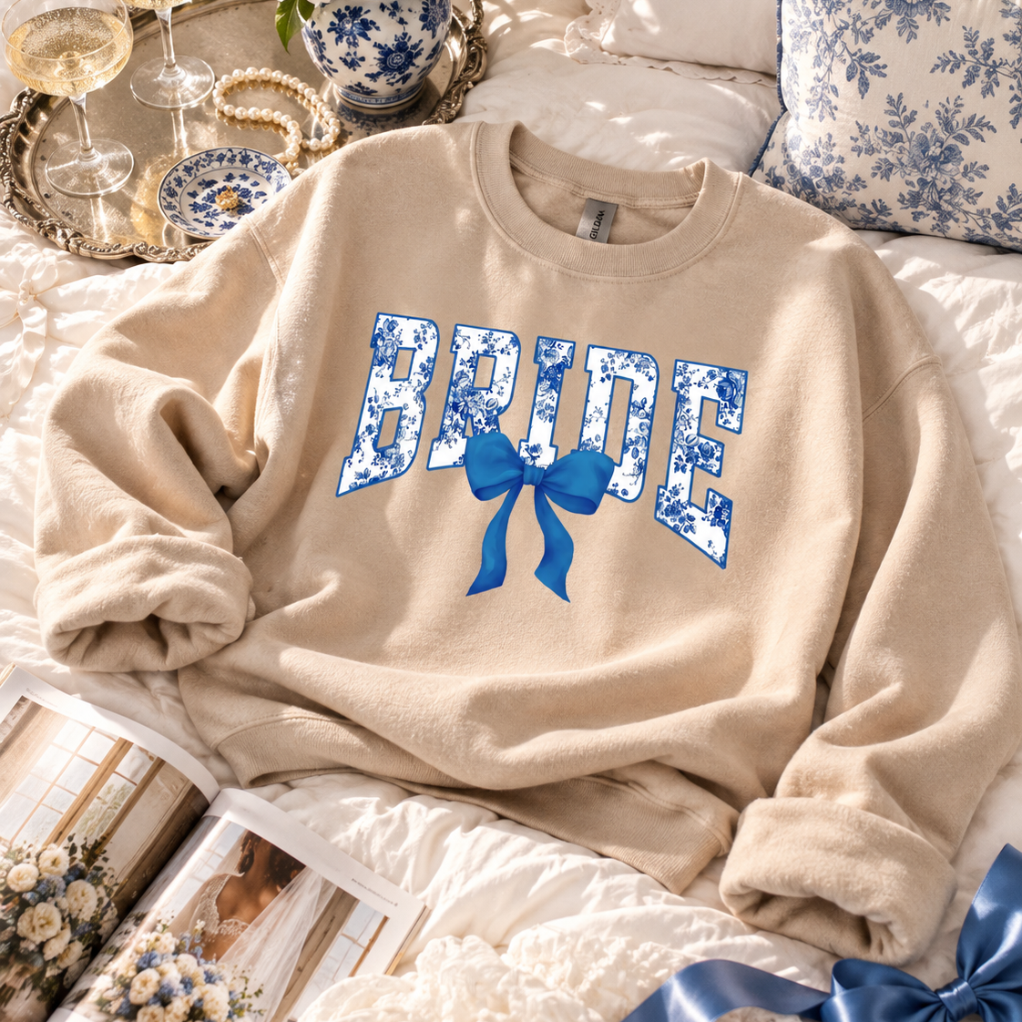 Blue Floral BRIDE Tee or Sweatshirt with Bow