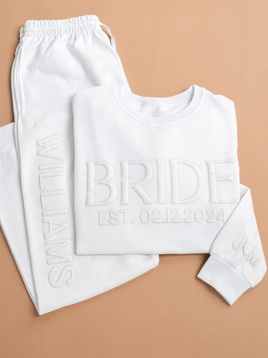 Embossed Personalized BRIDE / GROOM Sweatshirt & Joggers Set