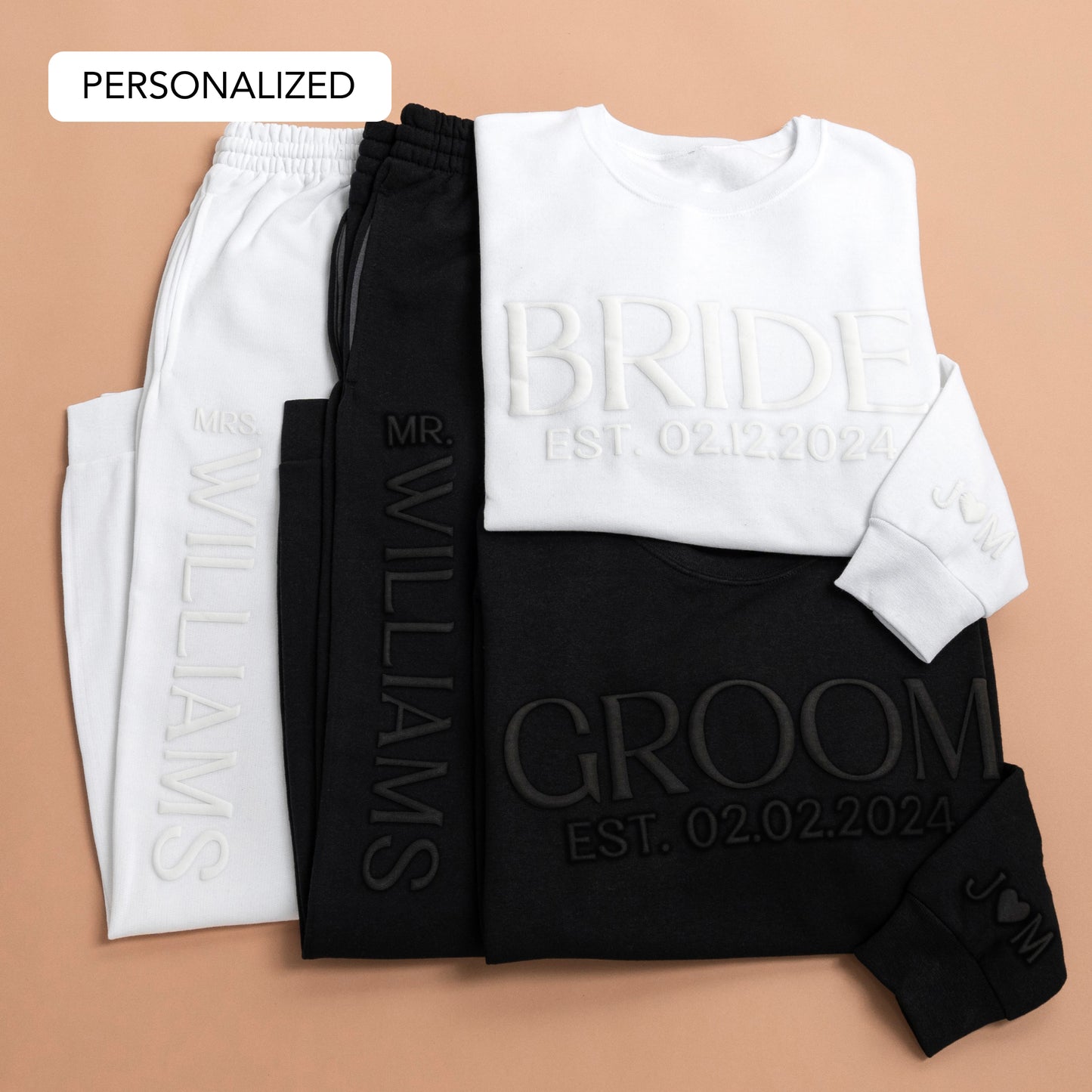 Embossed Personalized BRIDE / GROOM Sweatshirt & Joggers Set