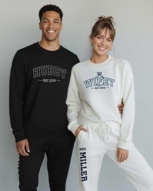 WIFEY + HUBBY Varsity Crewnecks & Joggers Set