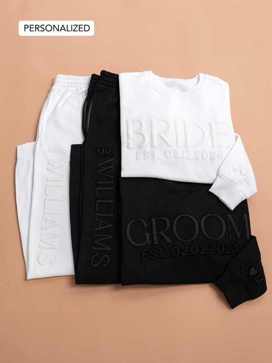 Embossed Personalized BRIDE / GROOM Sweatshirt & Joggers Set